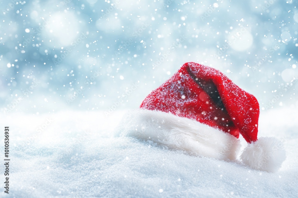 Santa Hat Partially Submerged in Snow With Falling Snowflakes Santa Hat Partially Submerged in Snow With Falling Snowflakes