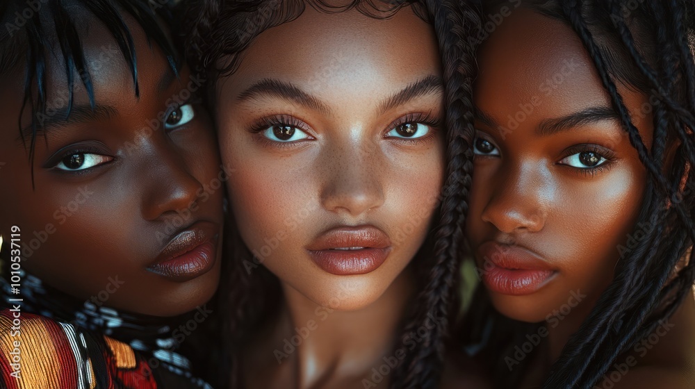 Close-up portrait of three young multiethnic women with stylish hairdo. Charming dark-skinned girls with thin African braids, gathered into a hairstyle. Diversity and ethnic style in street fashion. Close-up portrait of three young multiethnic women with stylish hairdo. Charming dark-skinned girls with thin African braids, gathered into a hairstyle. Diversity and ethnic style in street fashion.