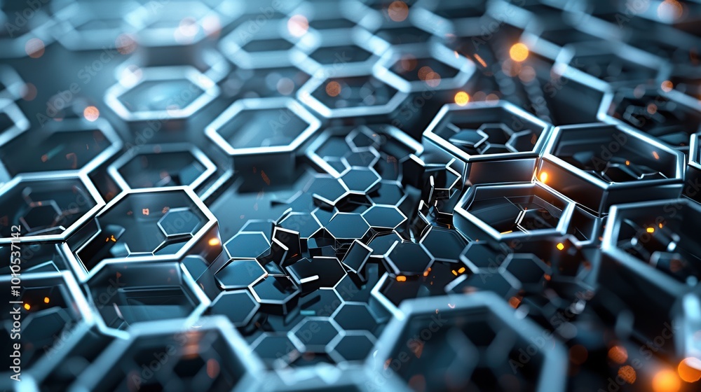A close-up view of interconnected hexagonal structures, highlighting a futuristic design with glowing accents and a tech-inspired aesthetic. A close-up view of interconnected hexagonal structures, highlighting a futuristic design with glowing accents and a tech-inspired aesthetic.
