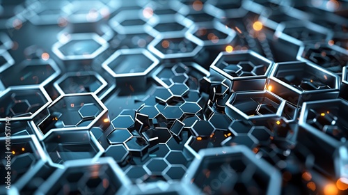 A close-up view of interconnected hexagonal structures, highlighting a futuristic design with glowing accents and a tech-inspired aesthetic.
