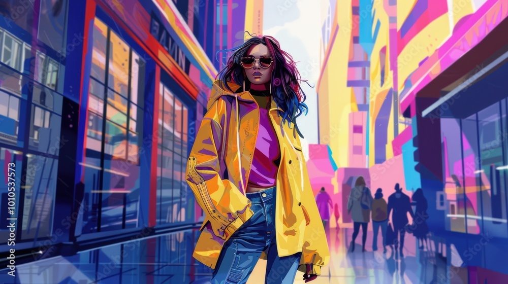 A stylish woman in a vibrant yellow jacket stands confidently in a futuristic urban setting filled with colorful buildings.