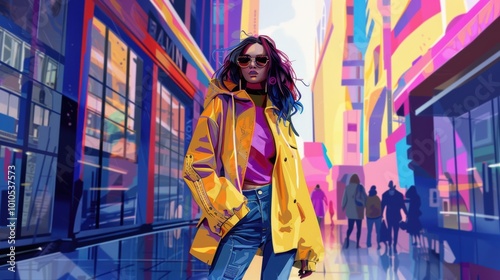 Obraz na płótnie A stylish woman in a vibrant yellow jacket stands confidently in a futuristic urban setting filled with colorful buildings. w salonie