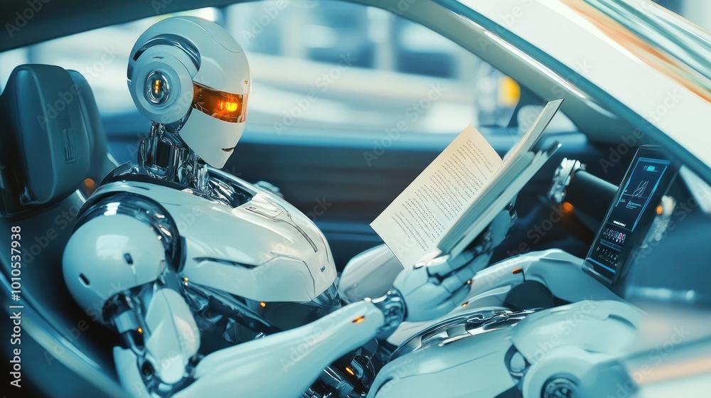 High-tech robot delves into book in futuristic car High-tech robot delves into book in futuristic car