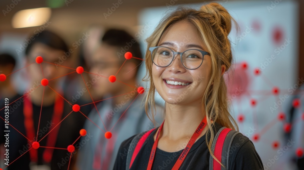 A smiling young woman with glasses stands confidently in a tech-themed environment, surrounded by blurred figures and connections represented by red dots.