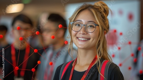 Obraz na płótnie A smiling young woman with glasses stands confidently in a tech-themed environment, surrounded by blurred figures and connections represented by red dots. w salonie
