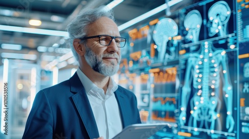 A thoughtful professional examines advanced medical imaging technology in a modern laboratory, showcasing innovation in healthcare