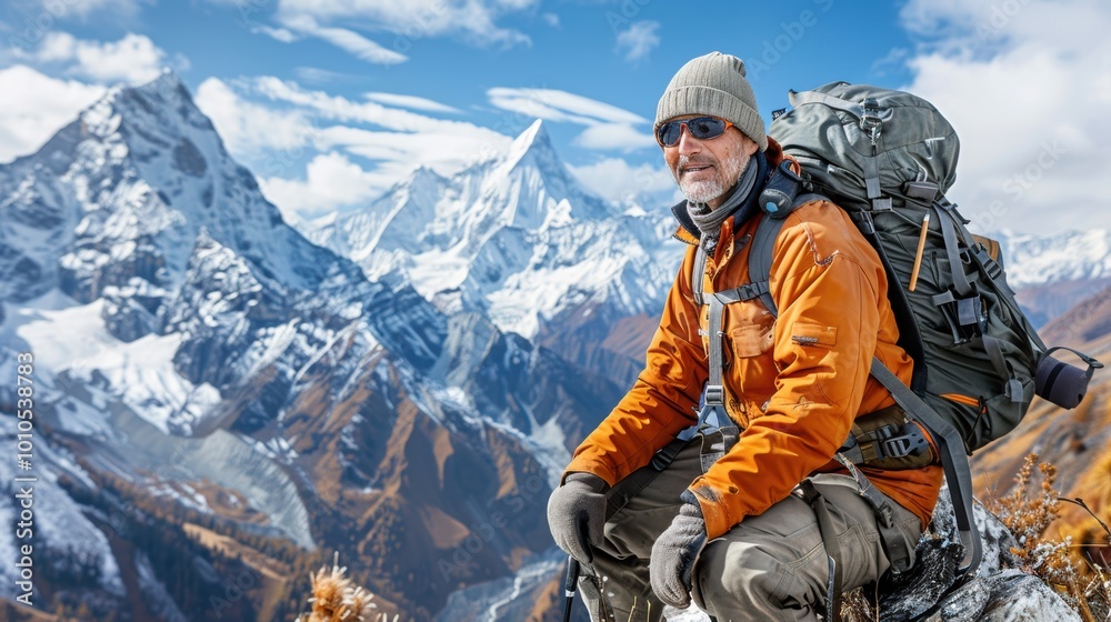 Tourism, A smiling mountaineer in an orange jacket sits against a stunning backdrop of snow-capped mountains and a bright blue sky
