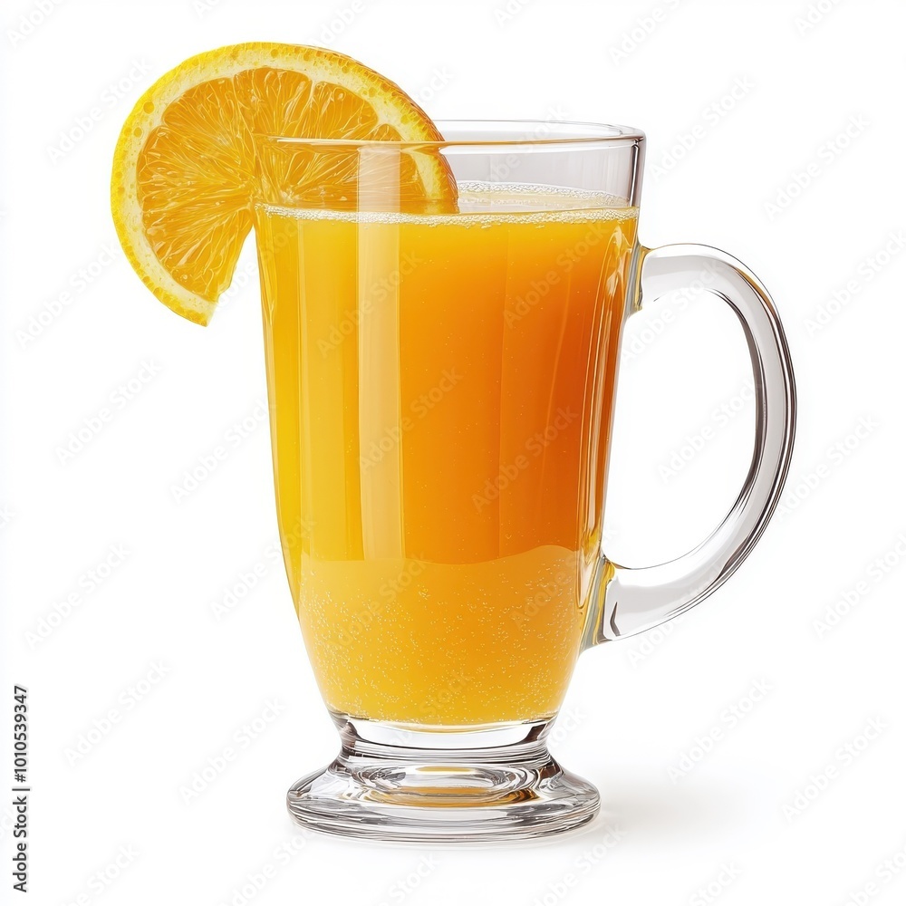 A glass with a handle filled with orange juice, isolated on a clean white background, fresh and tangy. A glass with a handle filled with orange juice, isolated on a clean white background, fresh and tangy.