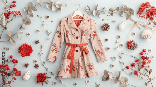 Obraz na płótnie Vintage fashion, A stylish floral coat with a belt is displayed on a light blue background, surrounded by decorative flowers, pinecones, and ornaments. w salonie