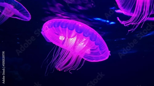 A glowing neon jellyfish gracefully floats through dark water, illuminated by vibrant purple light. Its tentacles drift effortlessly, creating a surreal and mesmerizing underwater scene. The biolumine photo