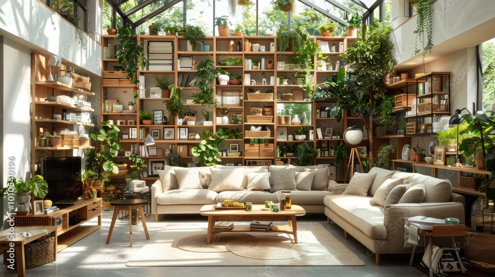 A cozy, sunlit living room adorned with lush plants, wooden shelves filled with books, and comfortable seating, creating a tranquil