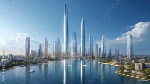 Eco-advanced cityscape with tall, sleek towers near a tranquil river, beneath a deep blue sky