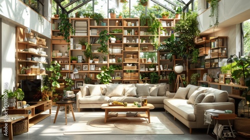 Obraz na płótnie A cozy, sunlit living room adorned with lush plants, wooden shelves filled with books, and comfortable seating, creating a tranquil w salonie