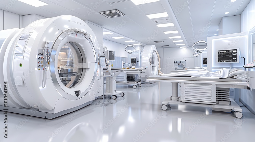 A clean, modern medical imaging room featuring CT scanners, advanced equipment, and a sterile environment for patient care