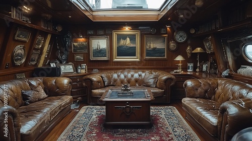 A cozy living room on a yacht with leather couches, wooden walls, and nautical decor.