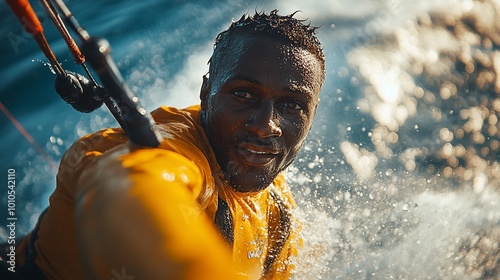 A young man smiles and looks into the camera while kitesurfing, wearing a bright yellow wetsuit.