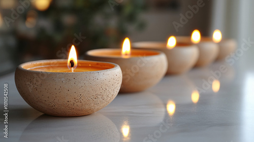 Five small clay oil lamps arranged in a linear fashion casting warm light for Diwali celebrations. Ideal for relaxation or meditation. photo