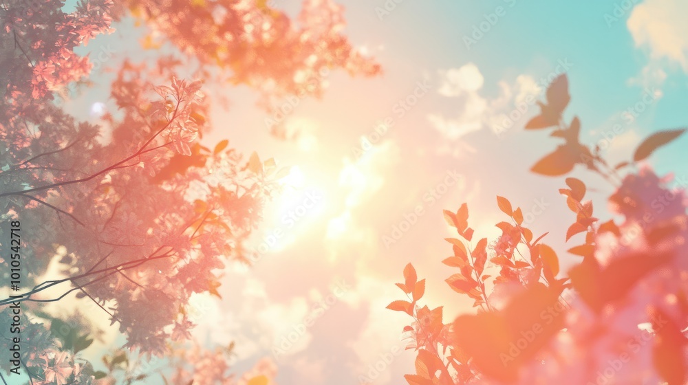 Gazing upward at the soft clouds and sun flare against a colorful blurred natural backdrop Gazing upward at the soft clouds and sun flare against a colorful blurred natural backdrop
