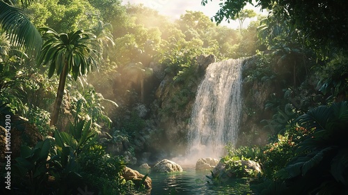 Serene Tropical Waterfall in Lush Green Forest