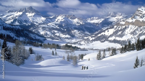 A couple snowshoeing through a snowy mountain landscape with a panoramic view of the valley below