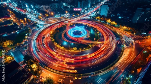 An aerial view of a busy roundabout at night, with light trails from cars and trucks creating a circular pattern.