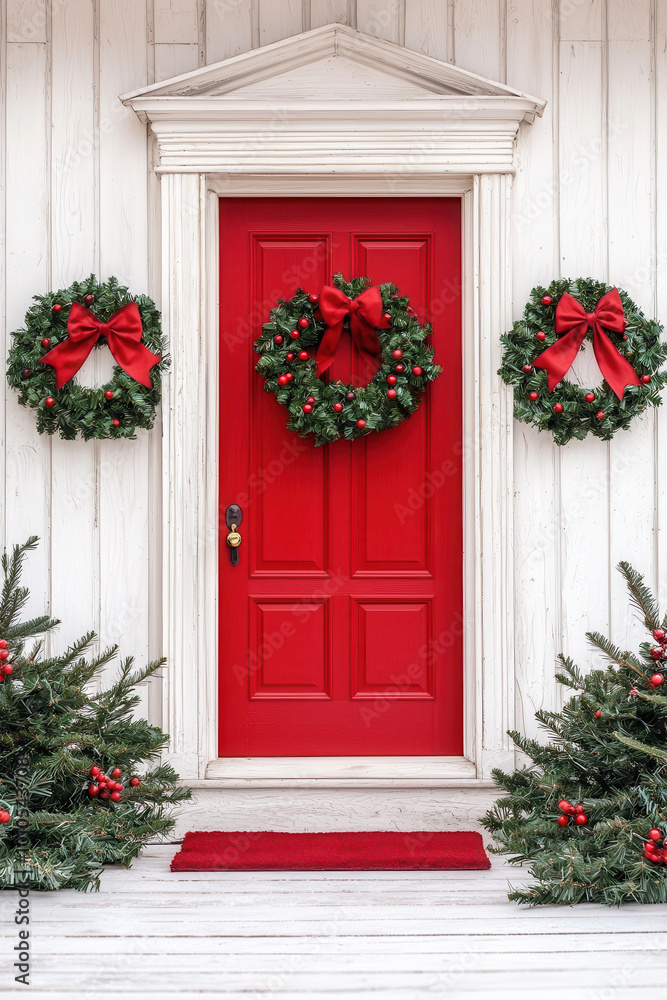 Fototapeta premium festive red door adorned with Christmas wreaths and decorations creates warm holiday atmosphere. greenery and red accents enhance cheerful spirit of season