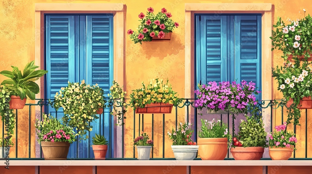 Vibrant Flower Pots on Colorful Balcony Vibrant Flower Pots on Colorful Balcony