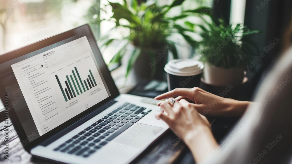 Person Using Laptop with Bar Graph Data and Coffee on Wooden Table Person Using Laptop with Bar Graph Data and Coffee on Wooden Table