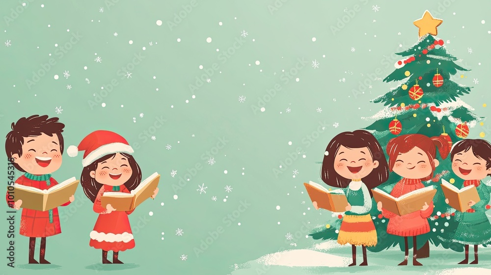 Children Singing Christmas Carols by a Decorated Christmas Tree Children Singing Christmas Carols by a Decorated Christmas Tree