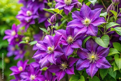 Flowering clematis bush with purple flowers in garden