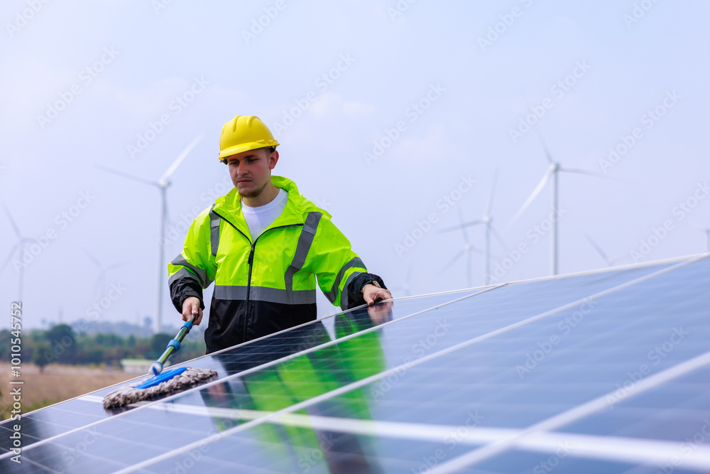 Solar panel cleaning staff, use a mop working for good performance in service of operation plan, Solar panel cleaning staff, use a mop working for good performance in service of operation plan,