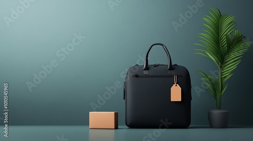 Stylish backpack with a tag next to a box and a plant, on a green background.