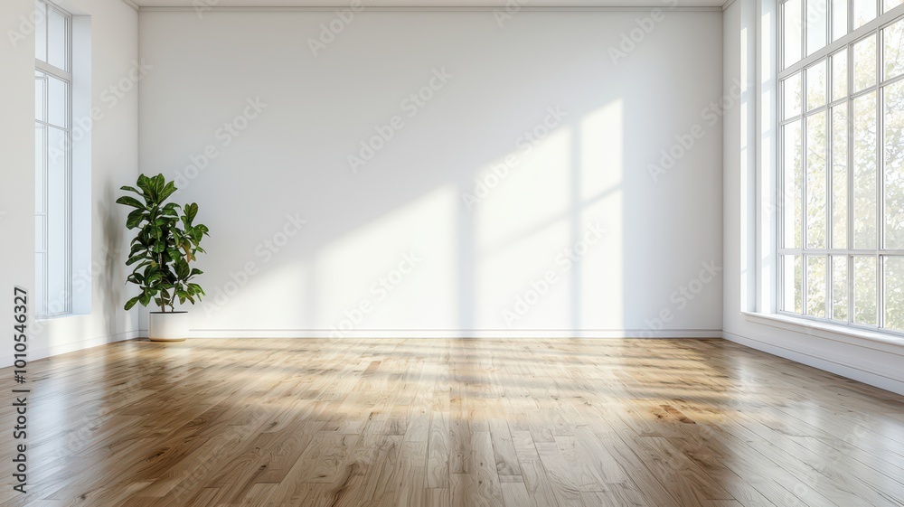 Fototapeta premium A spacious, bright room with wooden flooring and large windows casting shadows, featuring a potted plant in one corner.