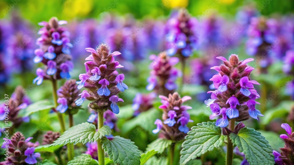 Flowering purple dead nettle and creeping speedwell plants in symmetrical spring garden Flowering purple dead nettle and creeping speedwell plants in symmetrical spring garden