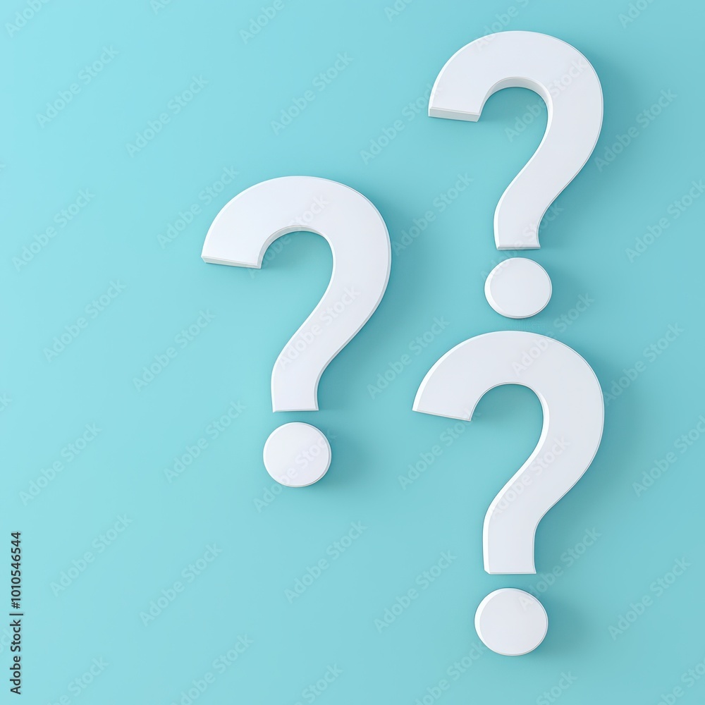 Three white question marks contrasted against a soft blue background, symbolizing inquiry and curiosity. Three white question marks contrasted against a soft blue background, symbolizing inquiry and curiosity.