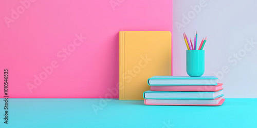 Bright and colorful stationery setup featuring stacked books and pencil holder. vibrant pink and blue background creates cheerful atmosphere, perfect for studying or creative work