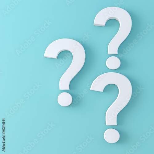 Three white question marks contrasted against a soft blue background, symbolizing inquiry and curiosity.