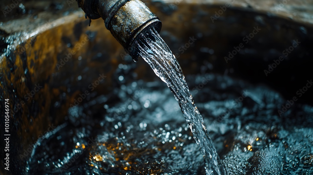 A close-up of a faucet pouring potentially contaminated water into dark liquid, highlighting concerns about water pollution and safety.. A close-up of a faucet pouring potentially contaminated water into dark liquid, highlighting concerns about water pollution and safety..