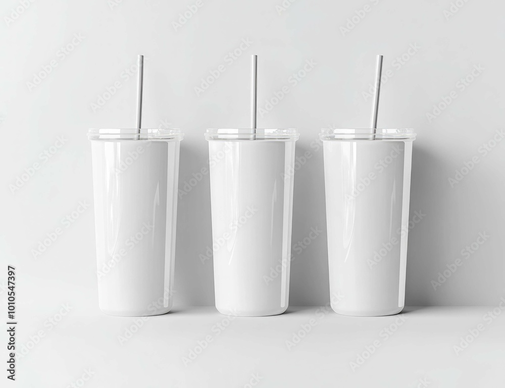 Three white plastic cups with straws is white Three white plastic cups with straws is white