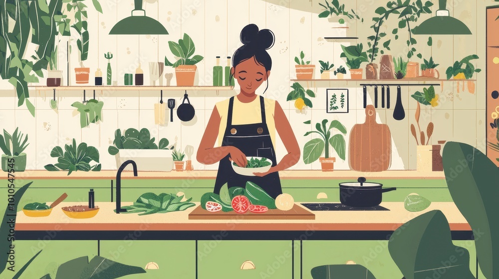 Cozy Kitchen Scene with Fresh Ingredients and Plants Cozy Kitchen Scene with Fresh Ingredients and Plants