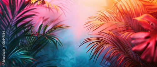 Trendy composition made of fluorescent color layout made of tropical jungle leaves.