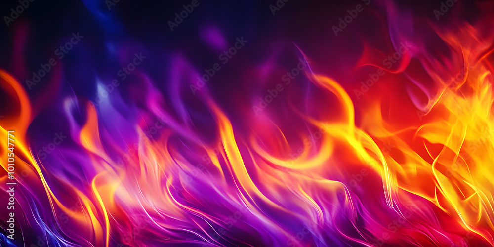 Fototapeta premium Noisy and grainy abstract background with red, purple, yellow, and orange light leaks creating a fire burned gradient effect
