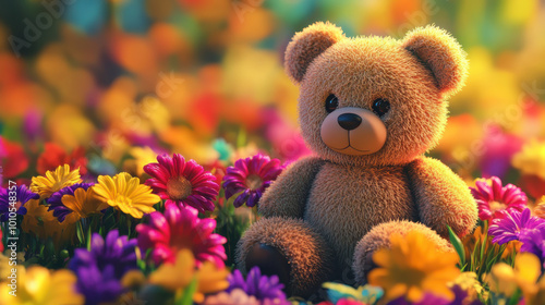 Cute little bear 3D 3D flowers on a colorful background