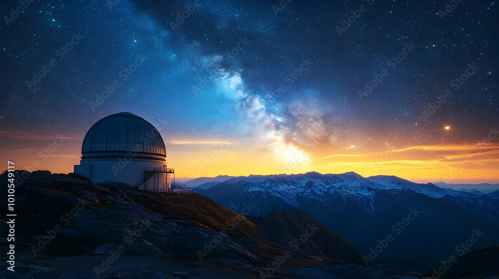 Observatory on Mountain Peak with Milky Way and Stars