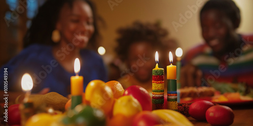 Kwanzaa celebration. Close-up shot of family dinner with blurred background photo