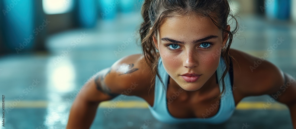 A young woman with blue eyes doing pushups during a workout in a gym. A young woman with blue eyes doing pushups during a workout in a gym.
