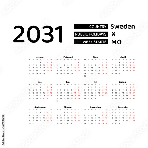 Calendar 2031 Swedish language with Sweden public holidays. Week starts from Monday. Graphic design vector illustration.
