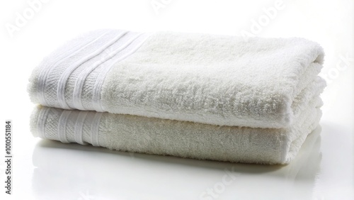 Fluffy white towel with textured stripe detail folded neatly on white background