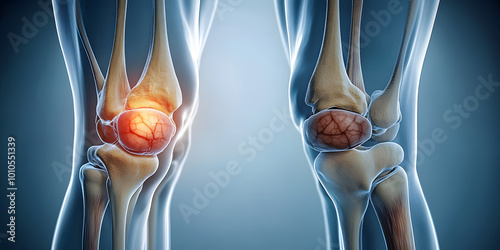 Crystal-clear image of healthy knees next to a depiction of arthritic discomfort, highlighting resilience, knees