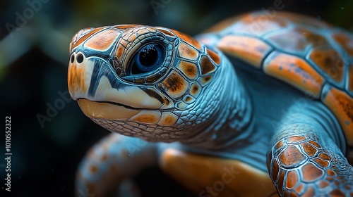 Close-up of a sea turtle's face with a blue eye.